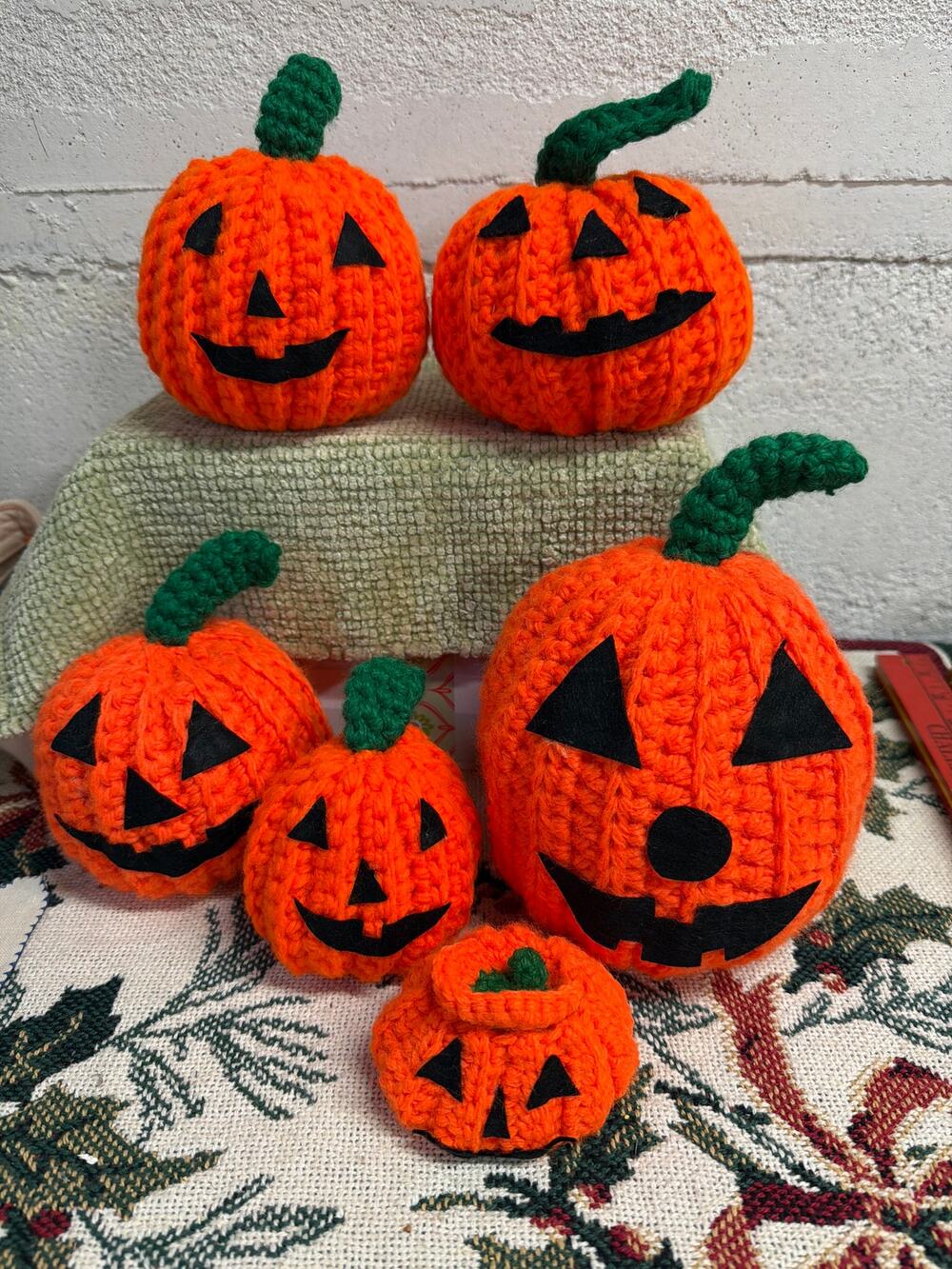 Hand Crocheted Halloween Pumpkins Jack O Lantern Fall Decor Set of 6 Handmade